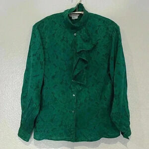 Gucci Emerald Green Silk Jacquard Blouse Size Medium GG Logo Print Ruffle Blouse